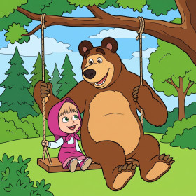 Masha et Michka sur la balançoire en forêt