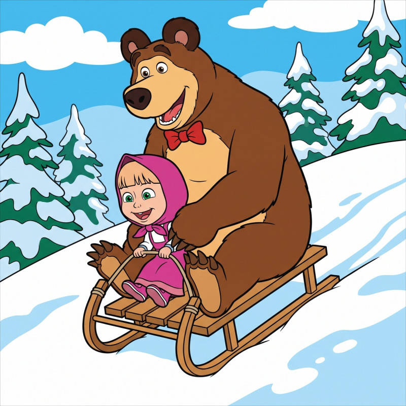 Masha and the Bear Sledding Down a Snowy Hill