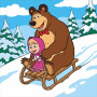 Masha and the Bear Sledding Down a Snowy Hill