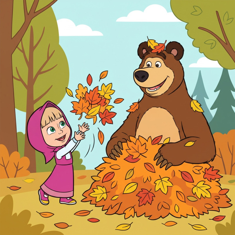 Masha and the Bear Playing in Autumn Leaves