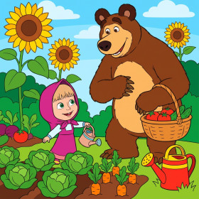 Masha e Orso nell'orto con annaffiatoio