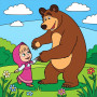 Masha and the Bear Dancing on a Flower Meadow