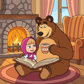 Reading by the Fireplace with Masha and the Bear