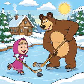 Masha en de Beer spelen ijshockey op bevroren vijver