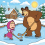 Masha and the Bear Playing Hockey on Ice