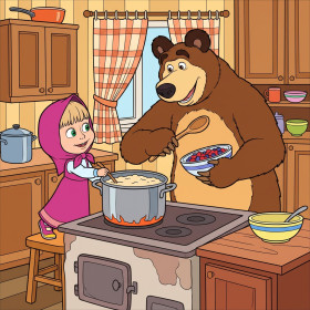Masha en de Beer koken pap in de keuken