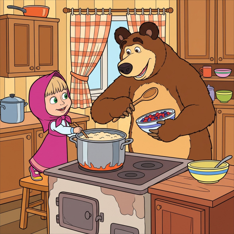 Masha and the Bear Cooking Porridge