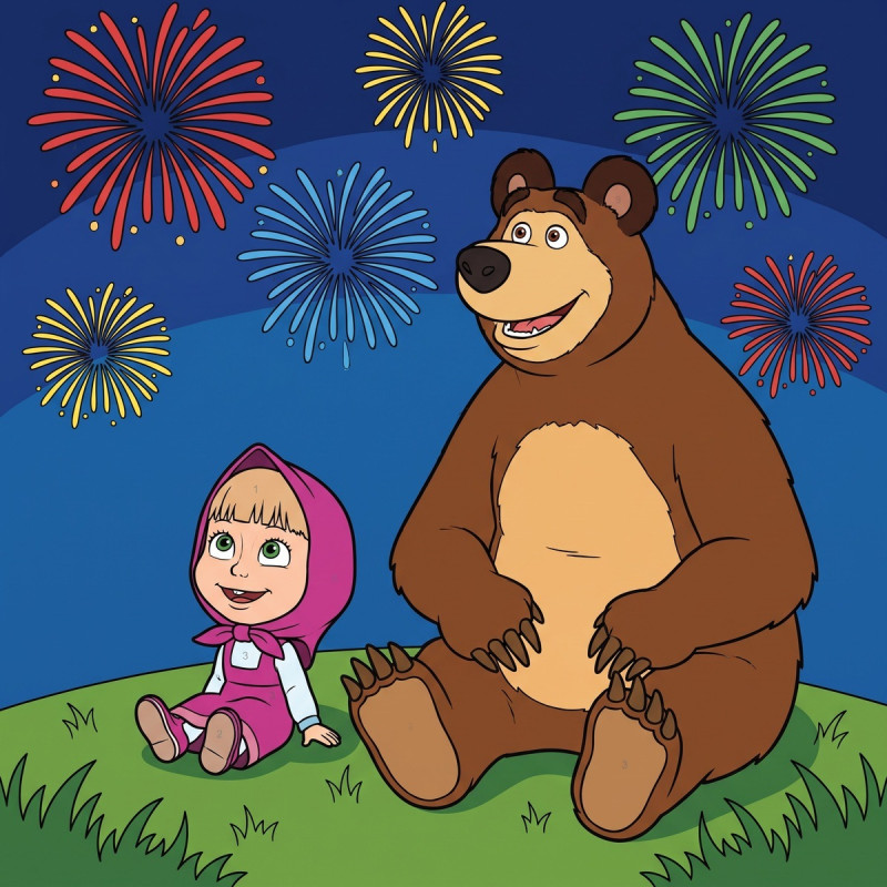 Masha and the Bear Watching Night Fireworks
