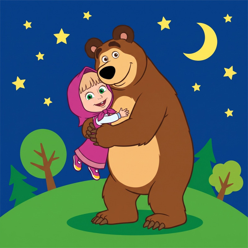 Masha Hugging the Bear Under Starry Sky