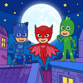 Catboy Owlette en Gekko op de daken bij volle maan