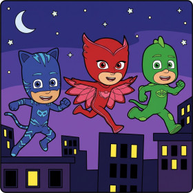 Catboy, Owlette und Gekko springen über die nächtliche Stadt