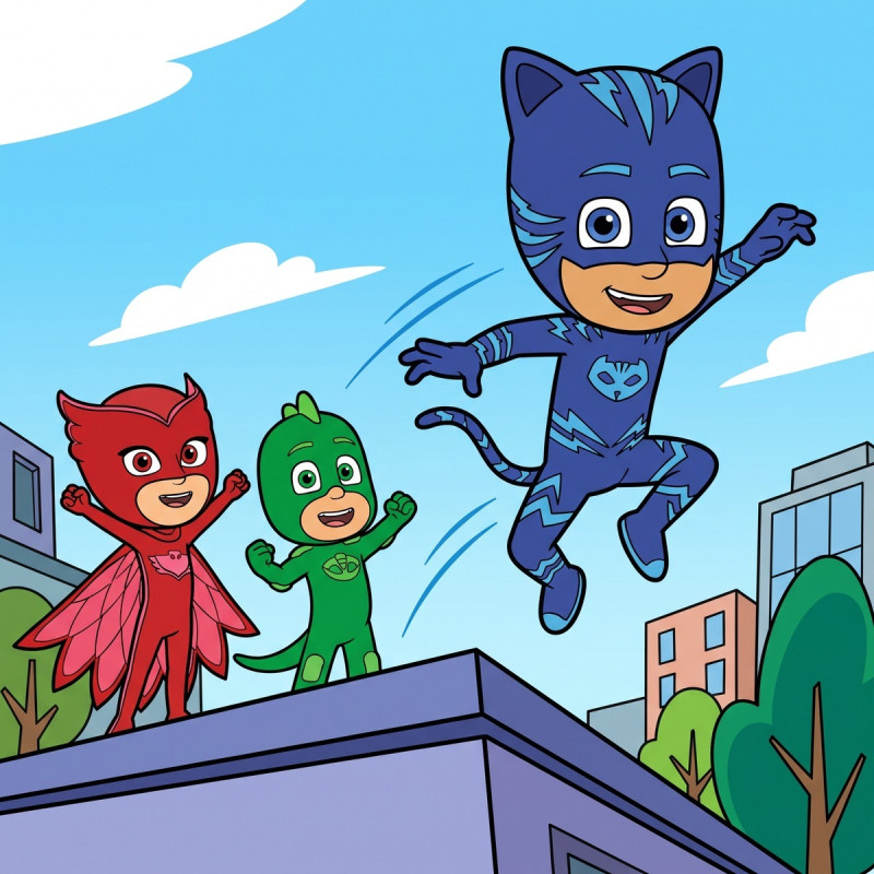 Catboy Owlette and Gekko Jumping on Rooftop