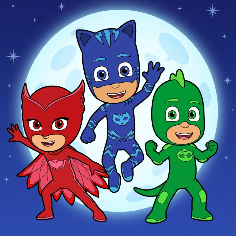 Catboy Owlette and Gekko Team Pose Under the Moon