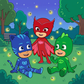 Catboy Owlette und Gekko im Park mit Glühwürmchen