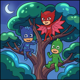 Catboy Owlette Gekko on a Big Tree at Night