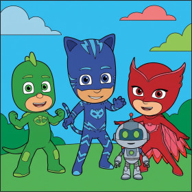 Catboy Owlette Gekko und PJ Robot auf der Wiese