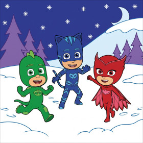Catboy, Owlette und Gekko im nächtlichen Schnee
