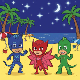 Catboy Owlette und Gekko am nächtlichen Strand