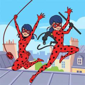 Ladybug en Cat Noir boven de daken