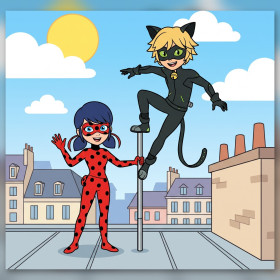 Ladybug en Cat Noir op het stadsdak