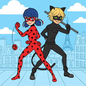 Ladybug en Cat Noir rug aan rug op dak