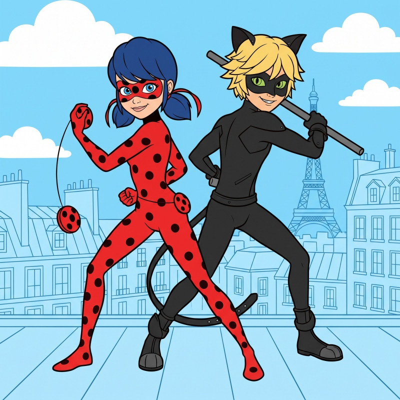 Ladybug et Chat Noir dos à dos sur les toits