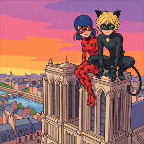 Ladybug e Chat Noir sulle torri al tramonto