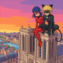 Ladybug and Cat Noir on Gothic Tower at Sunset