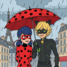 Ladybug en Cat Noir onder de paraplu in de regen
