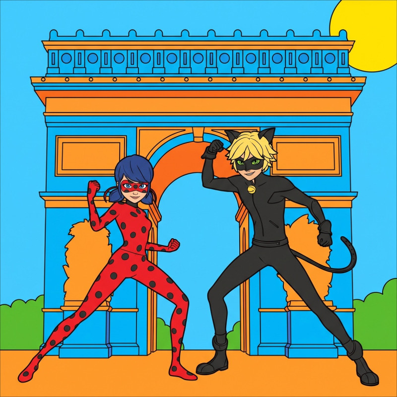 Ladybug und Cat Noir vor dem Triumphbogen