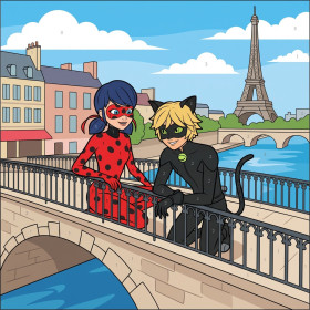 Ladybug and Cat Noir on Paris Bridge