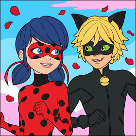 Ladybug en Cat Noir met rode rozenblaadjes