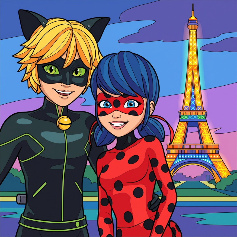 Ladybug en Cat Noir bij Verlichte Eiffeltoren