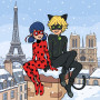 Ladybug und Cat Noir im Schnee über Paris