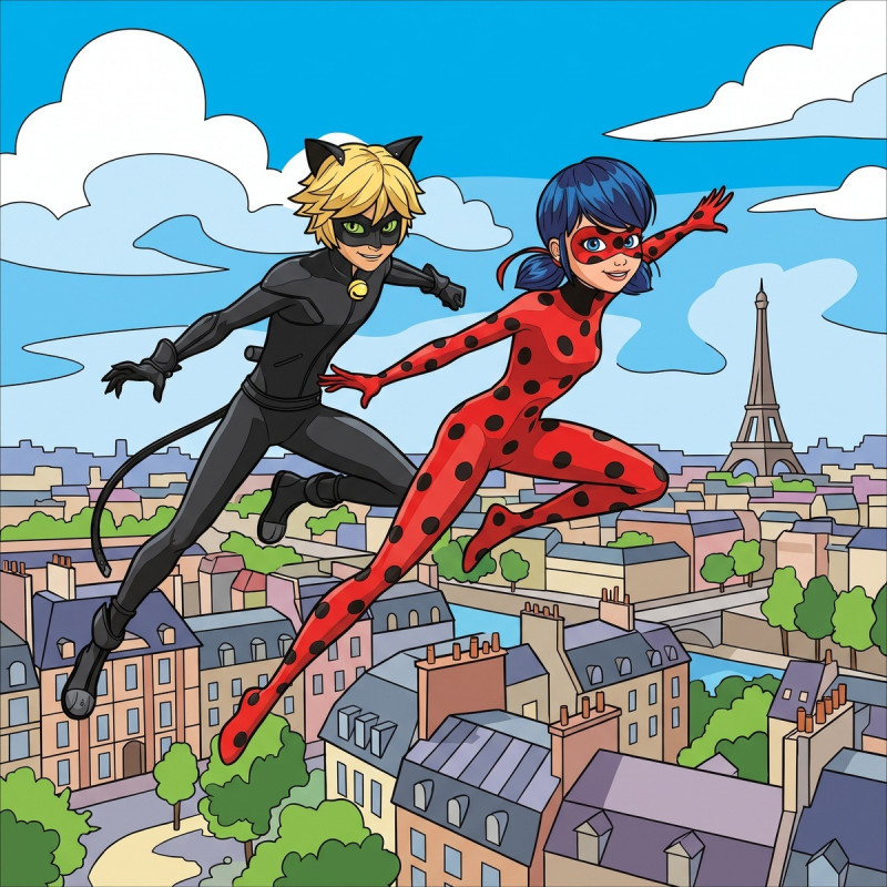 Ladybug e Chat Noir in volo su Parigi