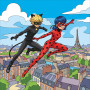 Ladybug and Cat Noir Soaring Above the City