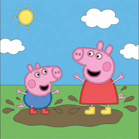 Peppa en George springen in modderplassen