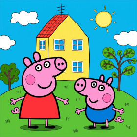 Peppa e George davanti alla casa sulla collina