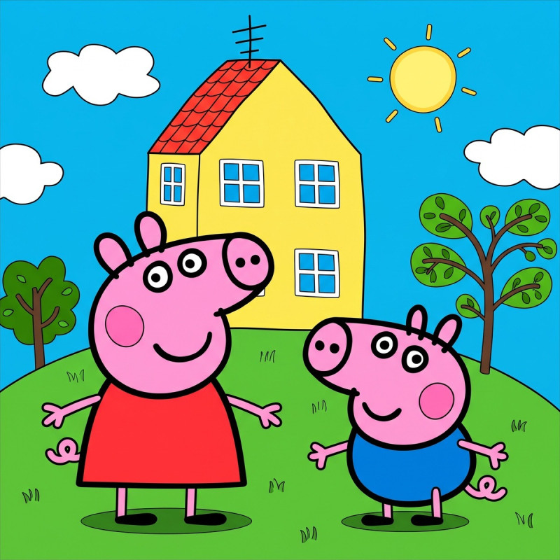 Peppa et George devant leur maison sur la colline