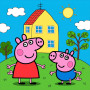 Peppa et George devant leur maison sur la colline