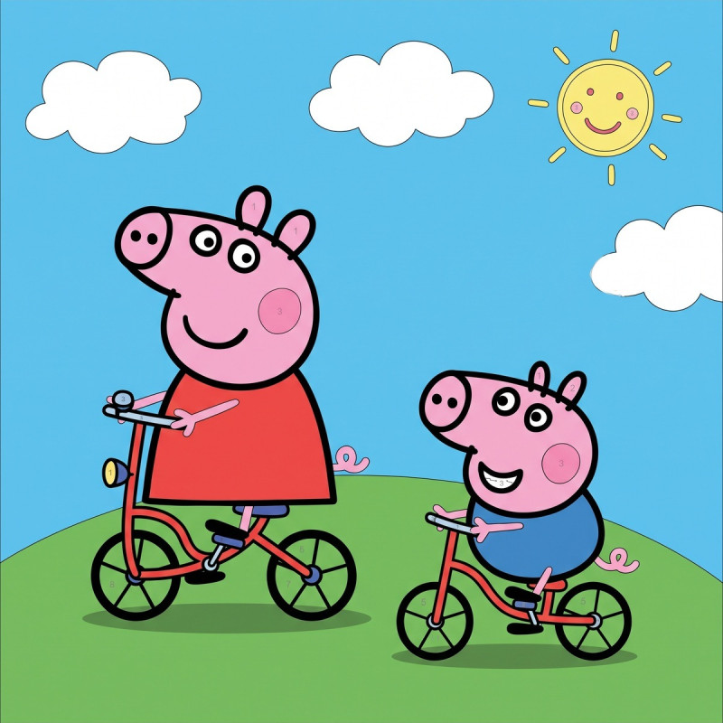 Peppa e George in bicicletta sulla collina