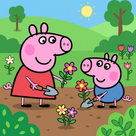 Peppa e George piantano fiori in giardino