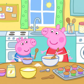 Peppa und Schorsch backen Kuchen in der Küche