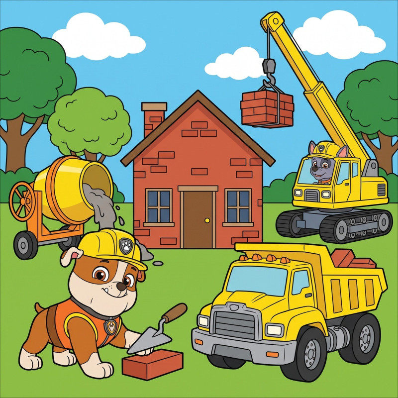 Rubble et son équipe construisant une maison en briques