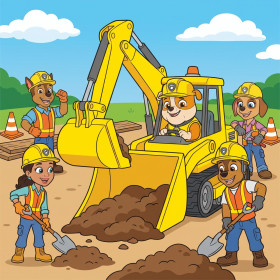Rubble and Crew Digging with an Excavator
