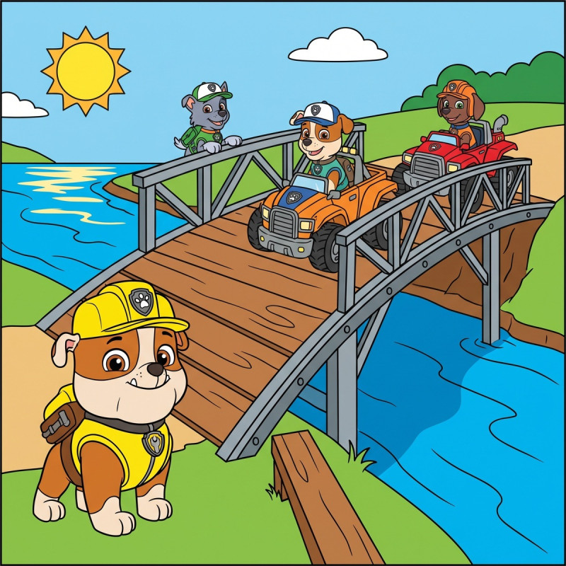 Rubble and Crew Fixing the River Bridge