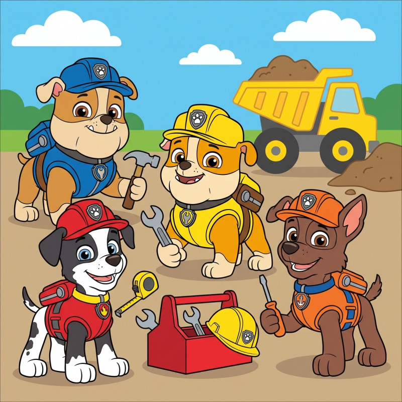 Rubble und sein Bauteam mit Werkzeugkoffer