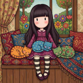 Gorjuss Mädchen mit drei Katzen