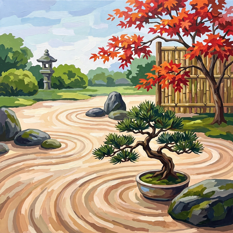 Japanischer Zen-Garten mit rotem Ahorn