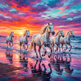 Cavalli della Camargue al galoppo all'alba